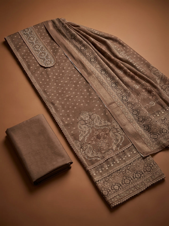 Brown Printed Chanderi Unstitched Dress Material