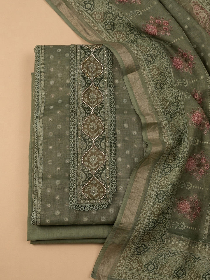 Green Printed Chanderi Unstitched Dress Material