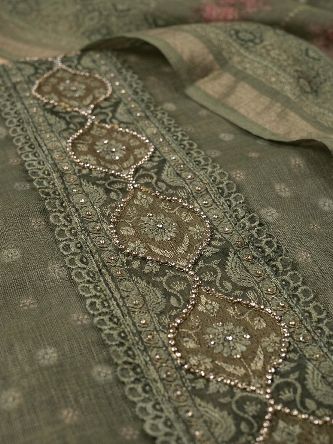 Green Printed Chanderi Unstitched Dress Material