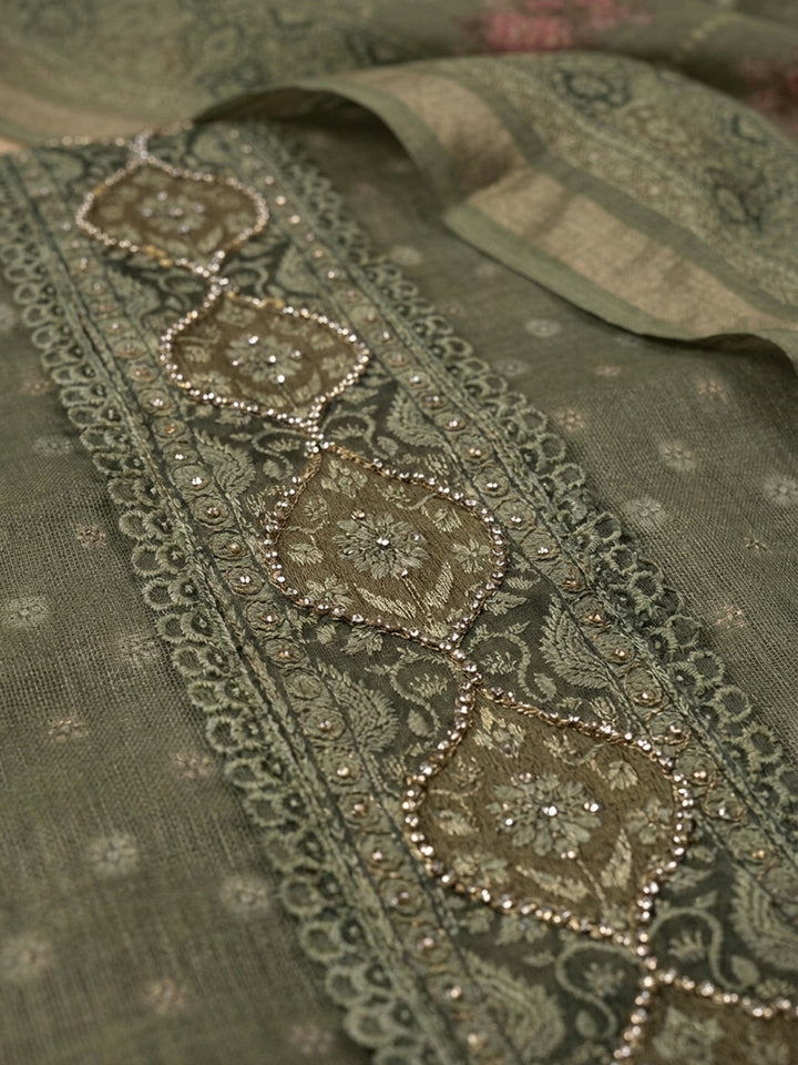 Green Printed Chanderi Unstitched Dress Material