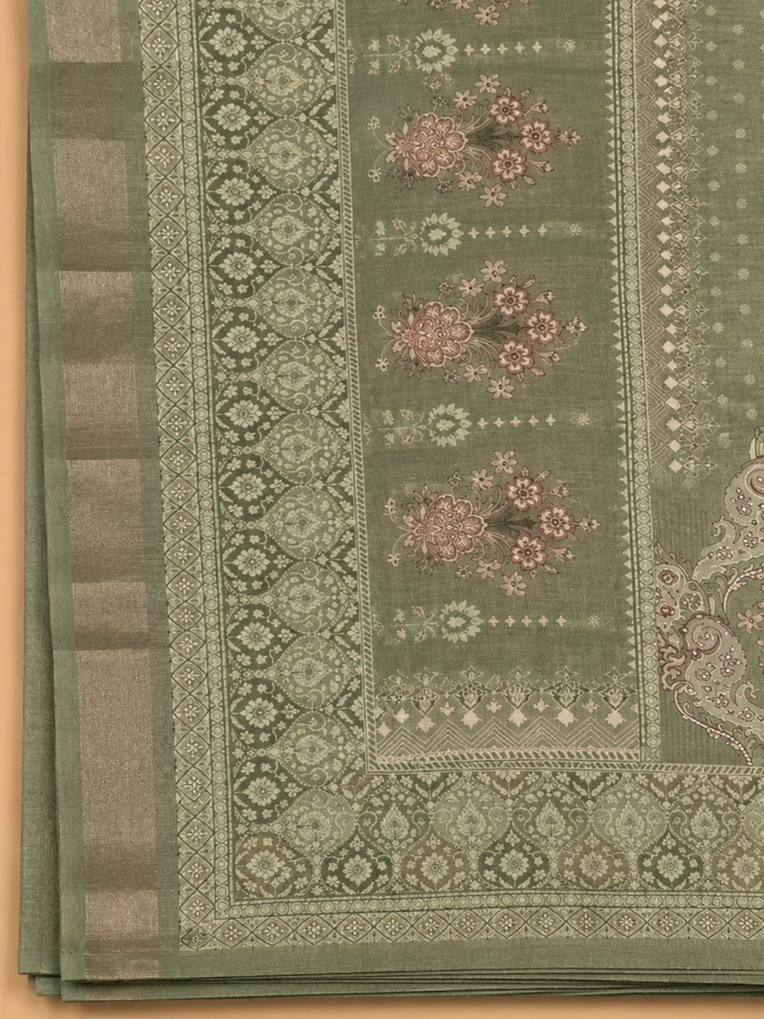 Green Printed Chanderi Unstitched Dress Material