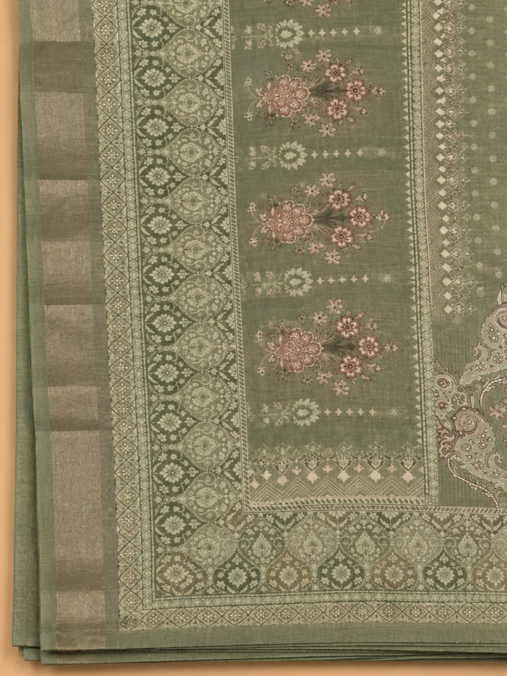 Green Printed Chanderi Unstitched Dress Material