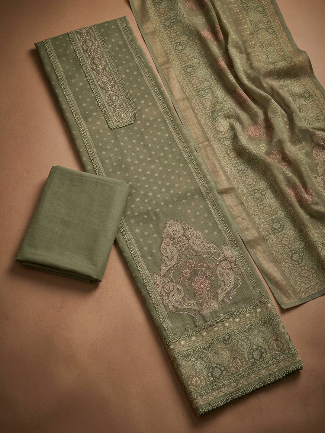 Green Printed Chanderi Unstitched Dress Material