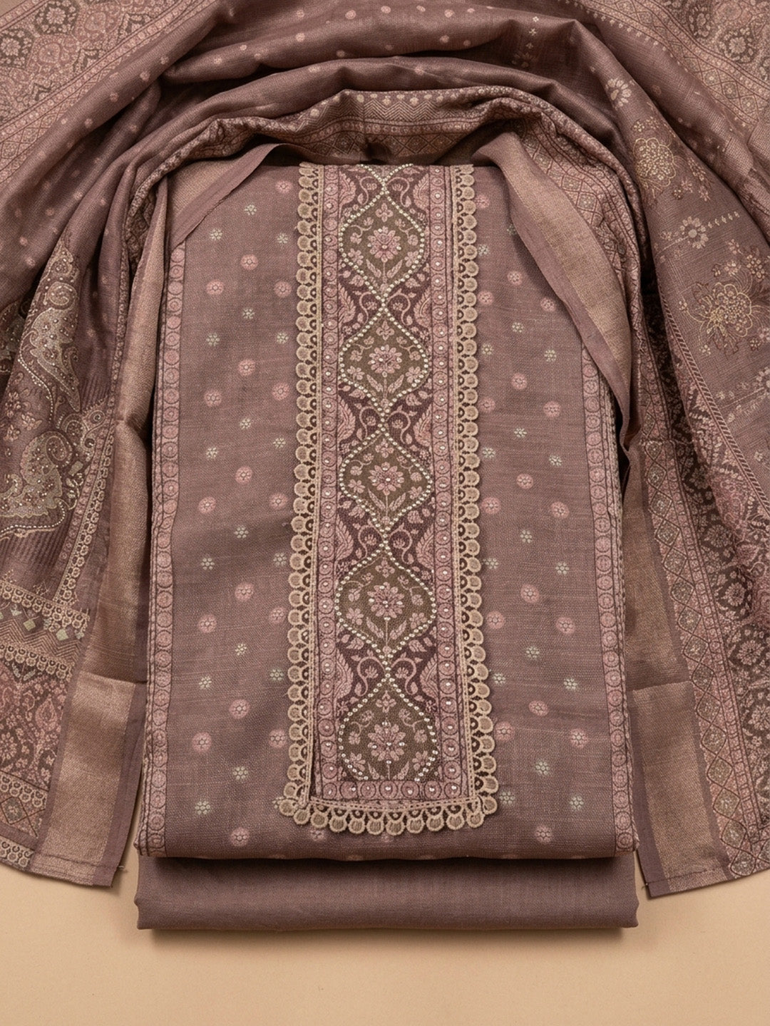 Onion Pink Printed Chanderi Unstitched Dress Material