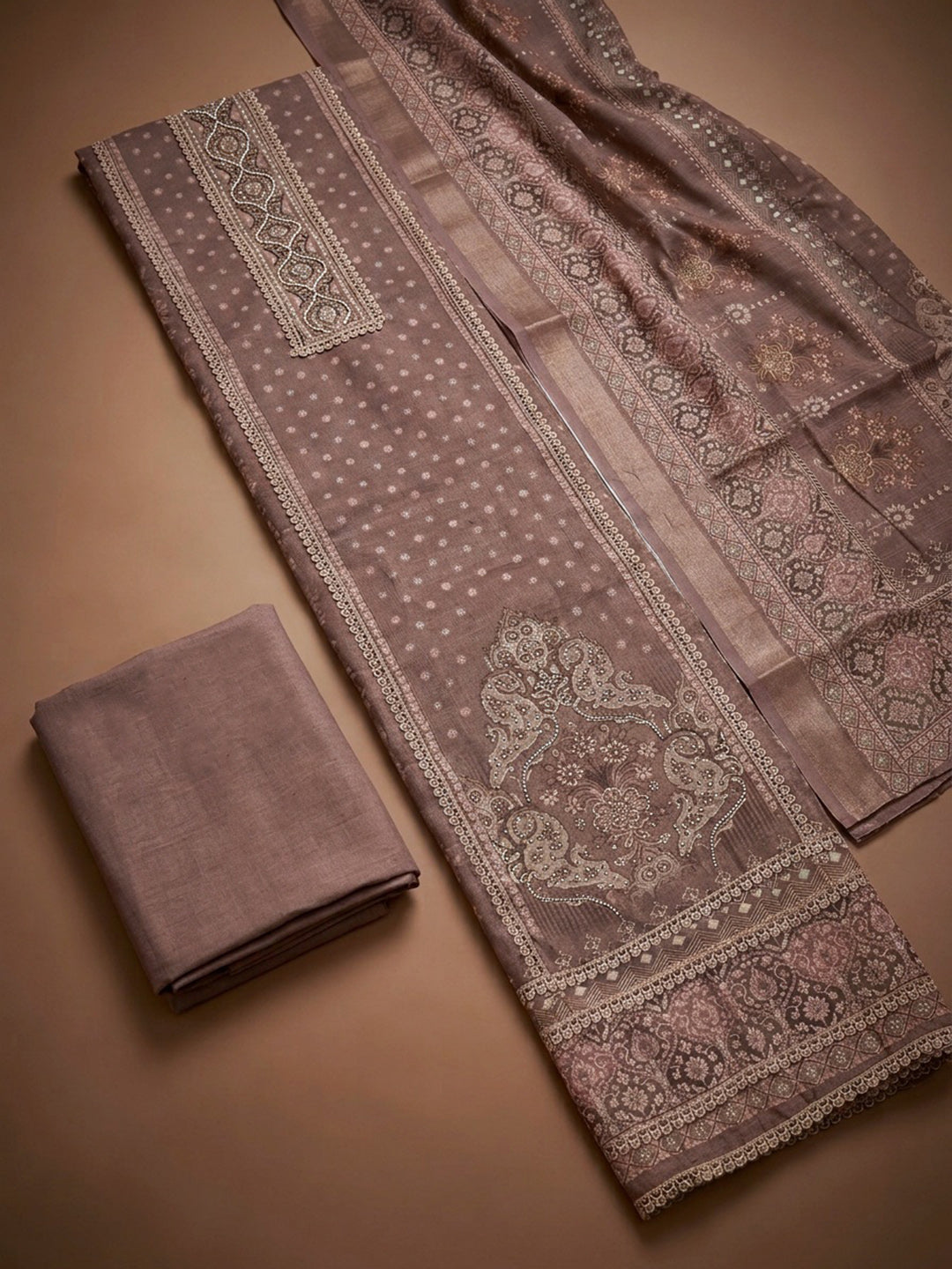 Onion Pink Printed Chanderi Unstitched Dress Material
