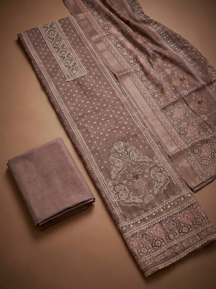 Onion Pink Printed Chanderi Unstitched Dress Material