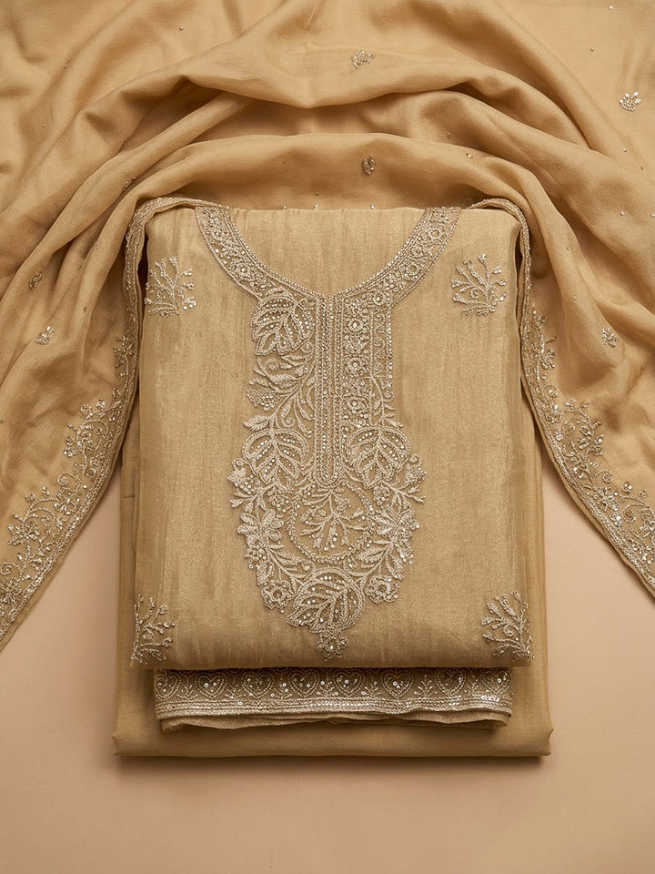 Beige Tissue Embroidered Unstitched Dress Material