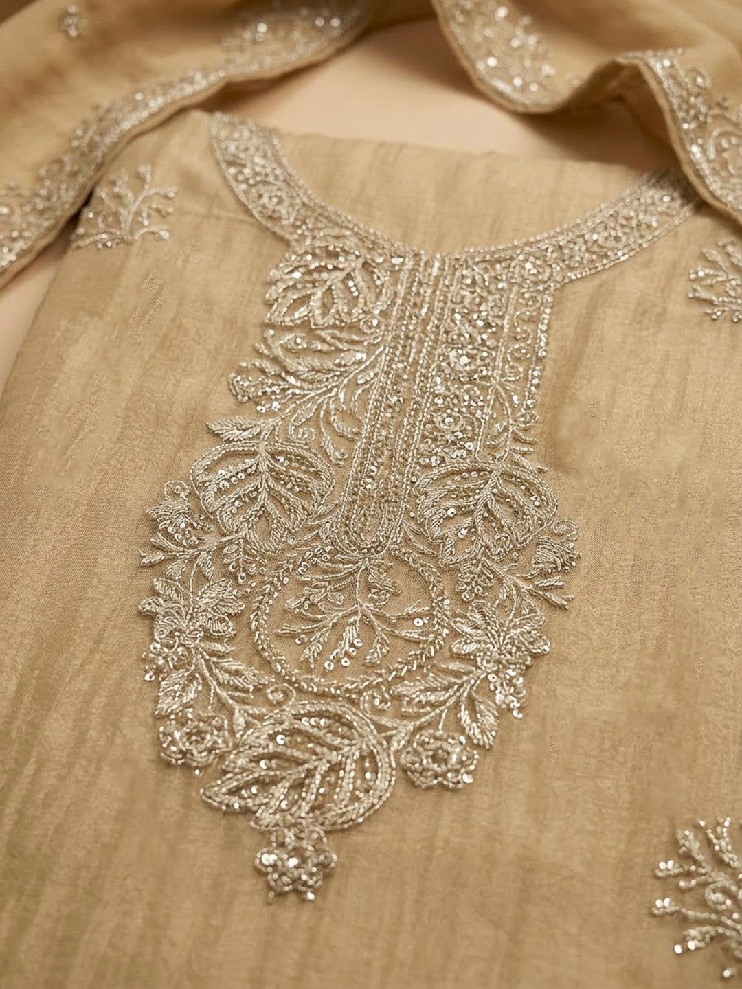 Beige Tissue Embroidered Unstitched Dress Material