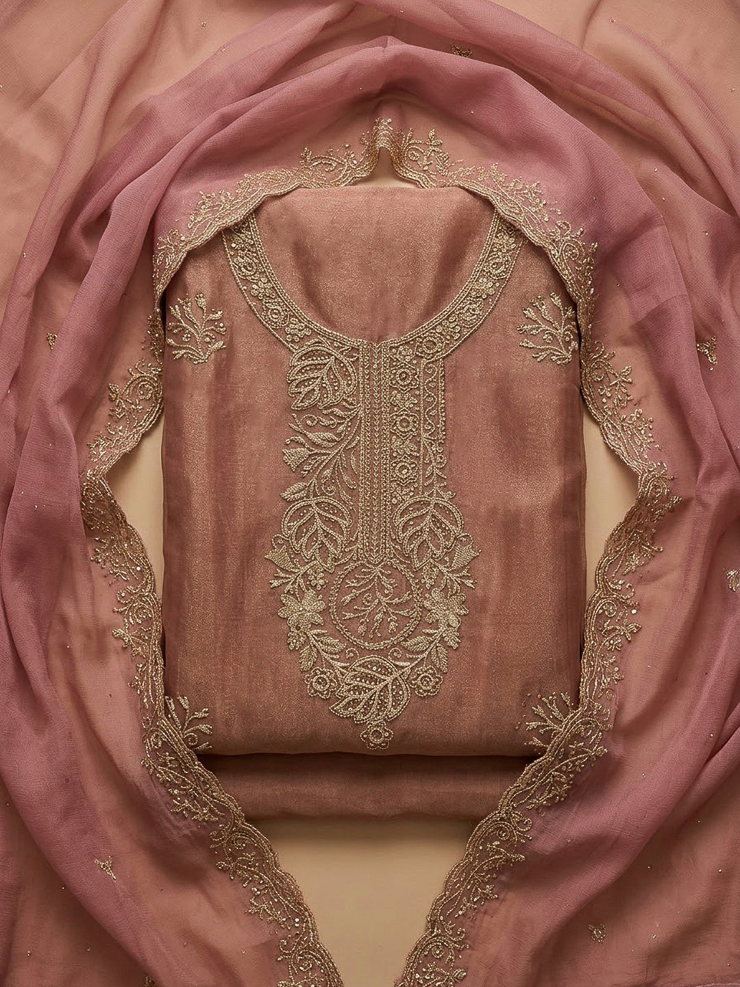 Onion Pink Tissue Embroidered Unstitched Dress Material
