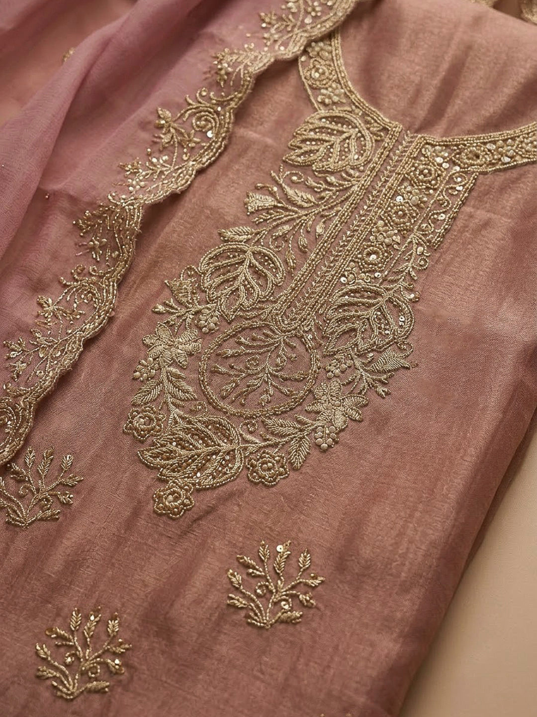 Onion Pink Tissue Embroidered Unstitched Dress Material