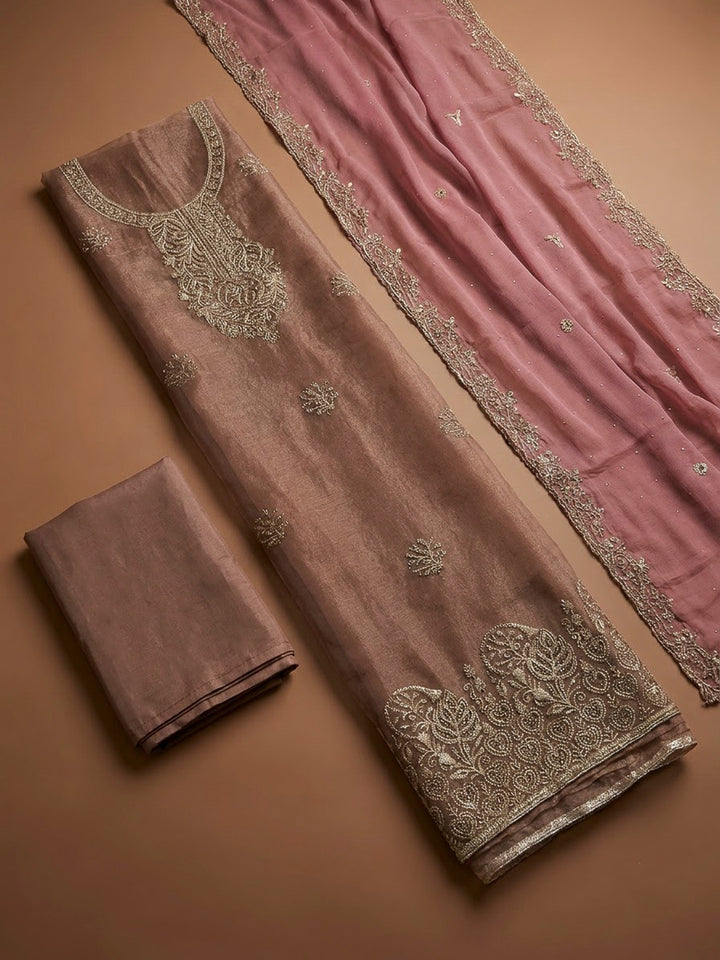 Onion Pink Tissue Embroidered Unstitched Dress Material