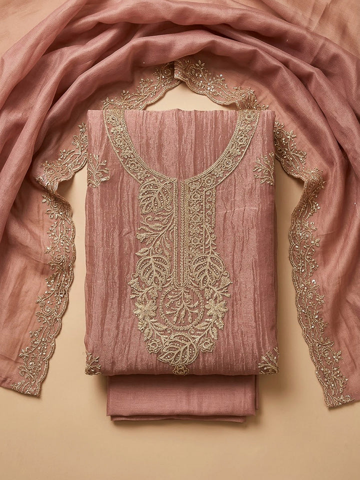 Peach Tissue Embroidered Unstitched Dress Material