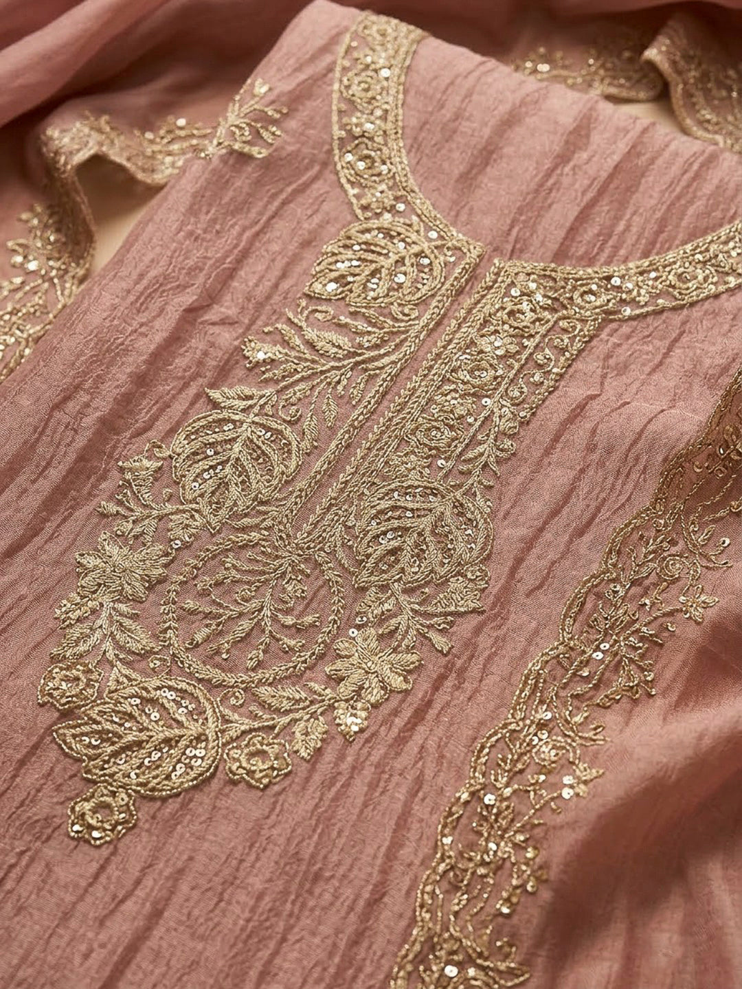 Peach Tissue Embroidered Unstitched Dress Material