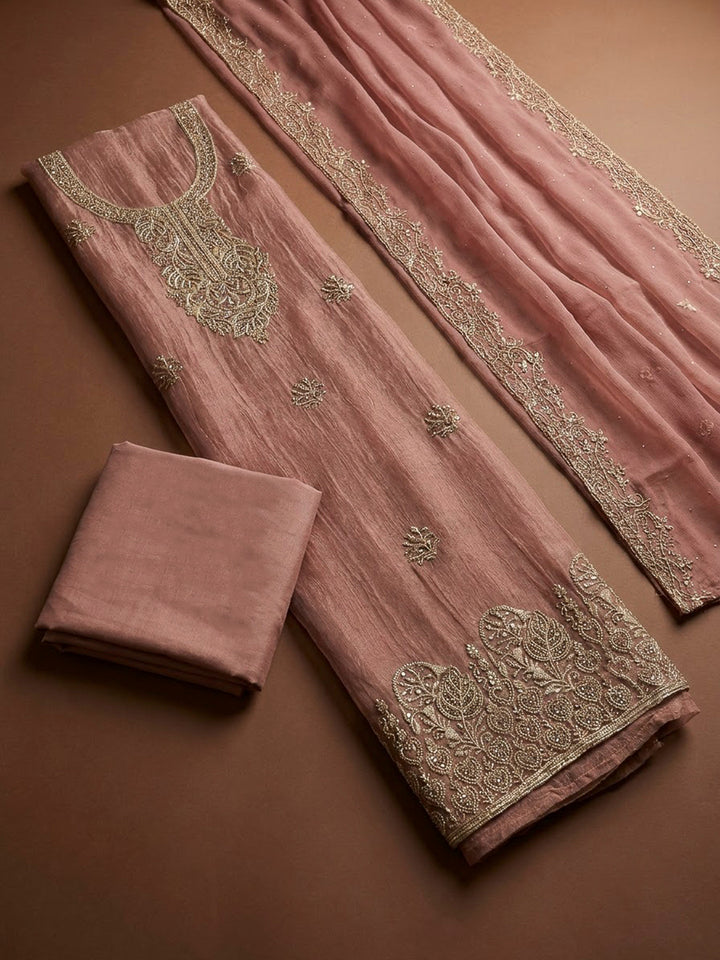 Peach Tissue Embroidered Unstitched Dress Material