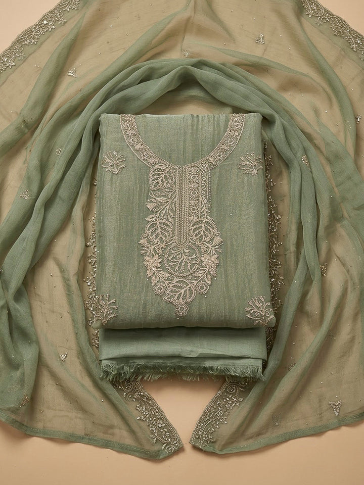 Pista Green Tissue Embroidered Unstitched Dress Material