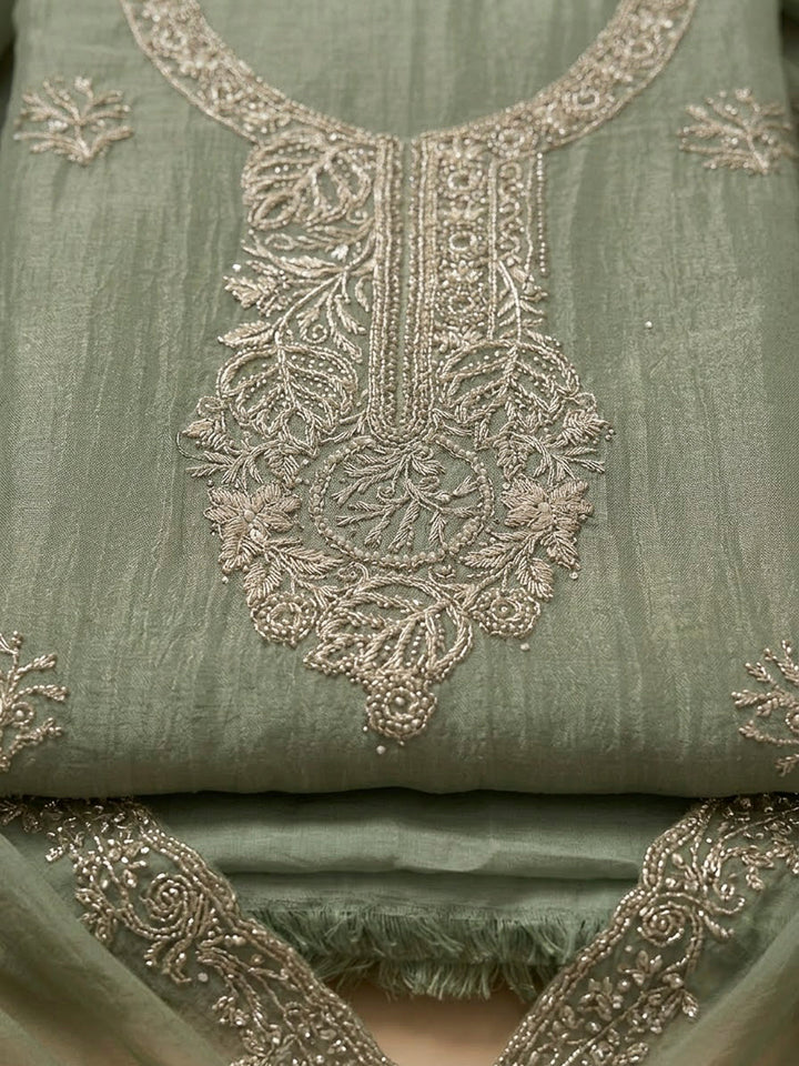 Pista Green Tissue Embroidered Unstitched Dress Material