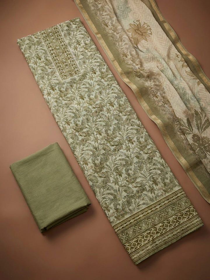 Mehndi Chanderi Printed Unstitched Dress Material