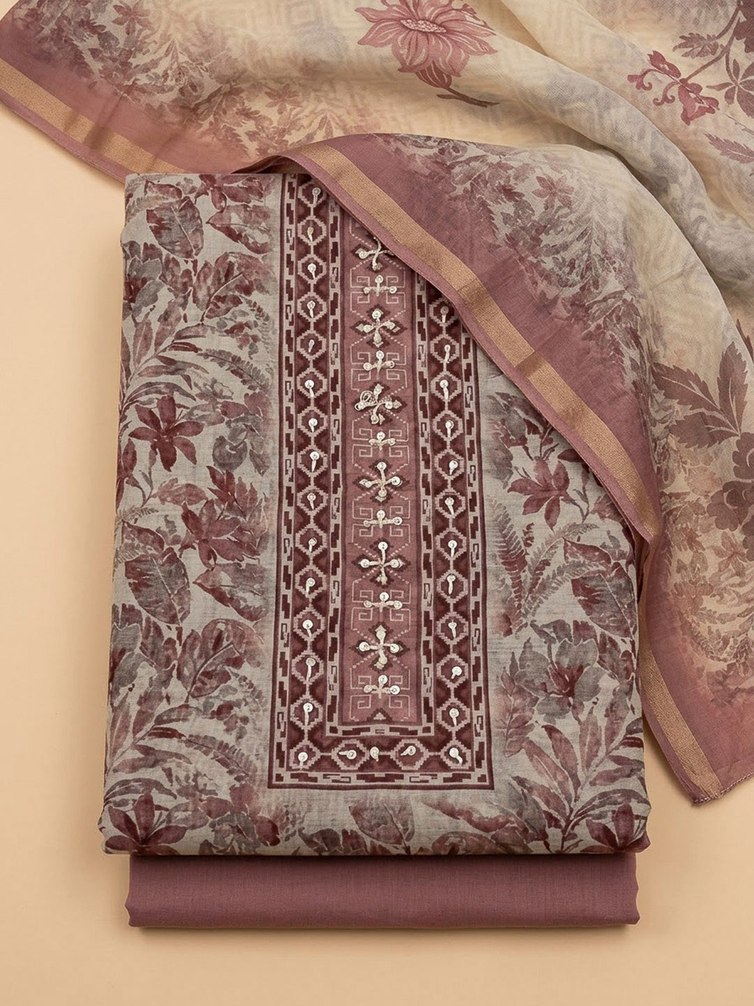 Onion Pink Chanderi Printed Unstitched Dress Material