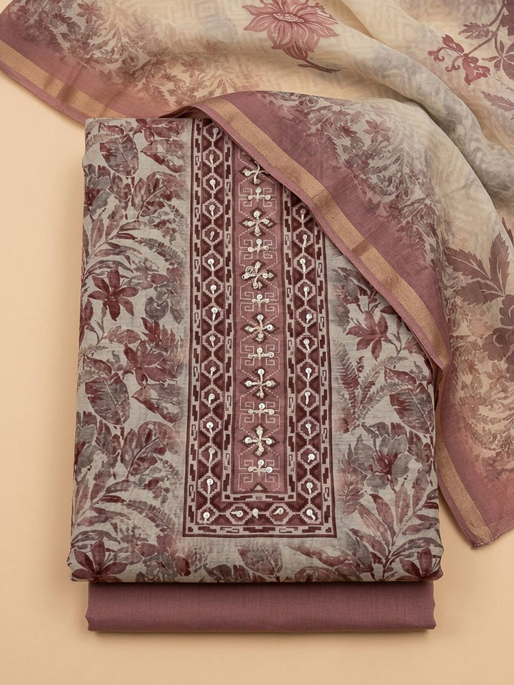 Onion Pink Chanderi Printed Unstitched Dress Material