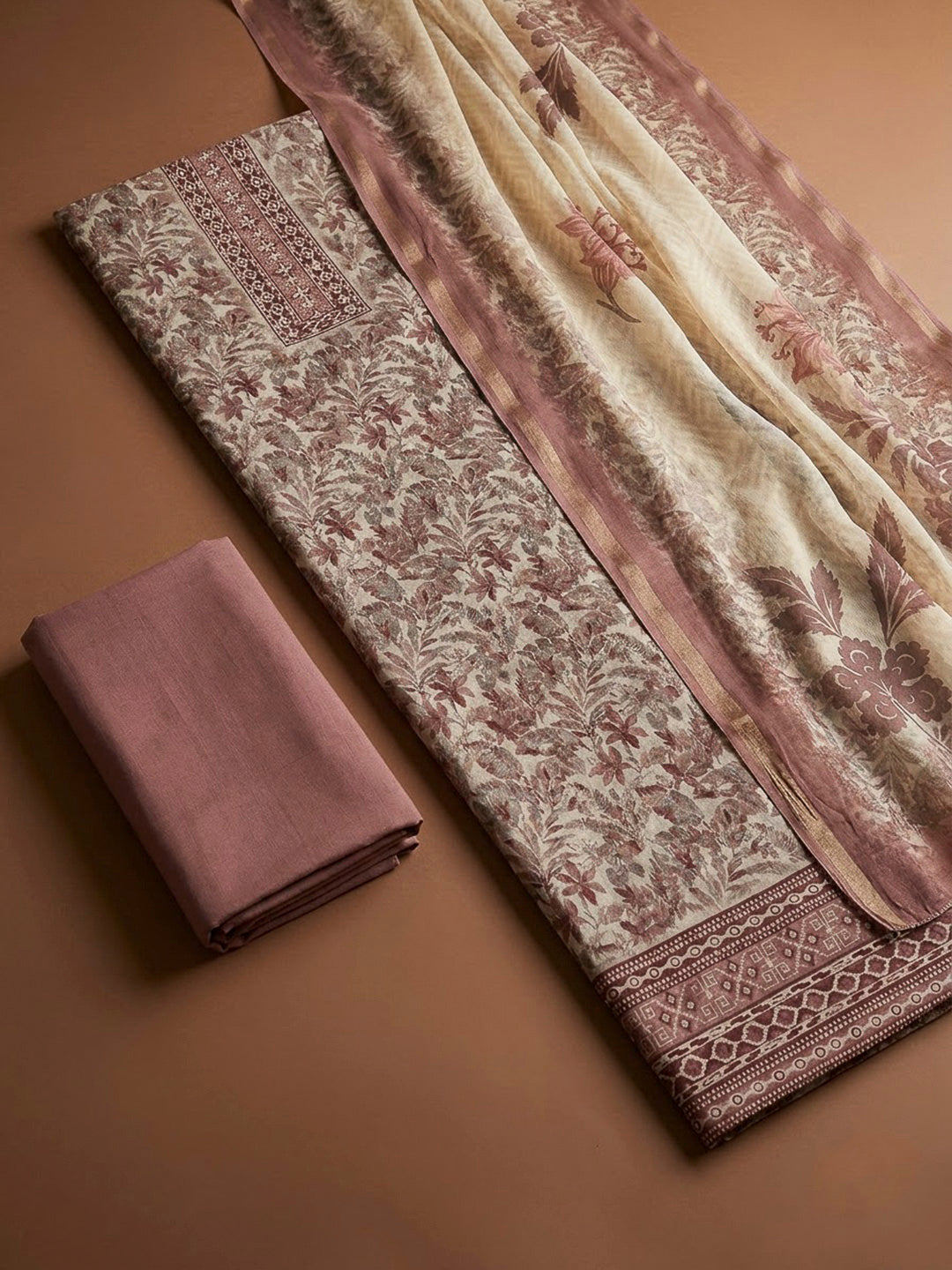 Onion Pink Chanderi Printed Unstitched Dress Material
