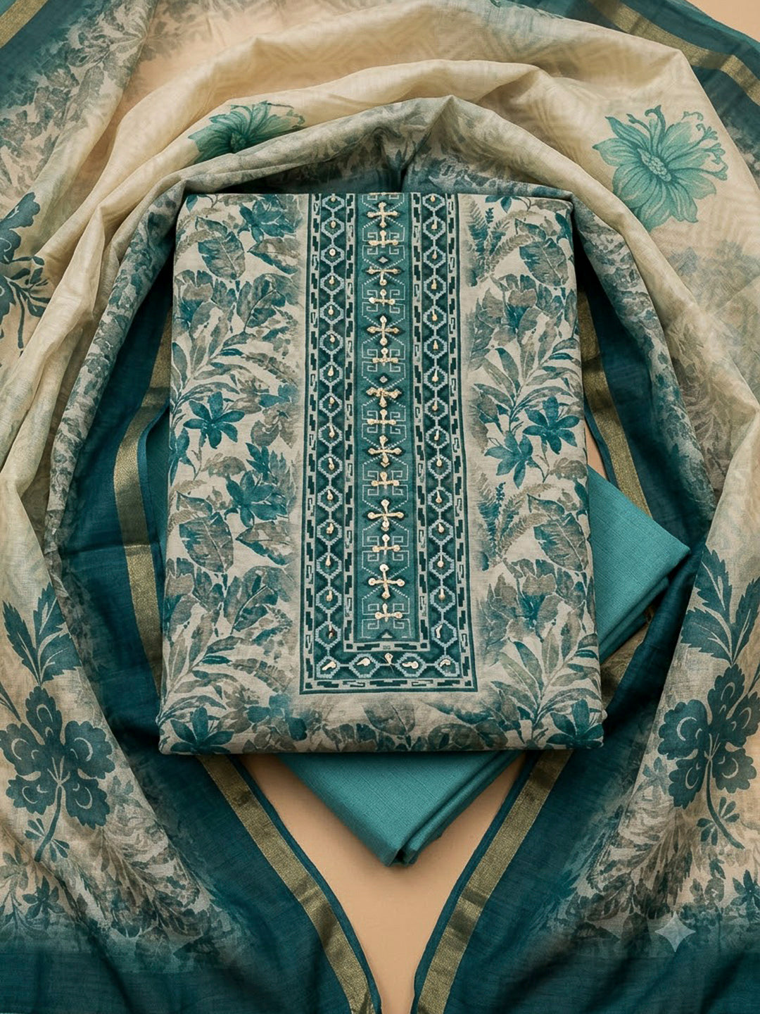 Rama Green Chanderi Printed Unstitched Dress Material