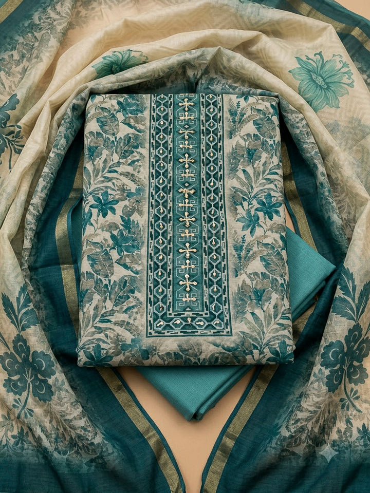 Rama Green Chanderi Printed Unstitched Dress Material