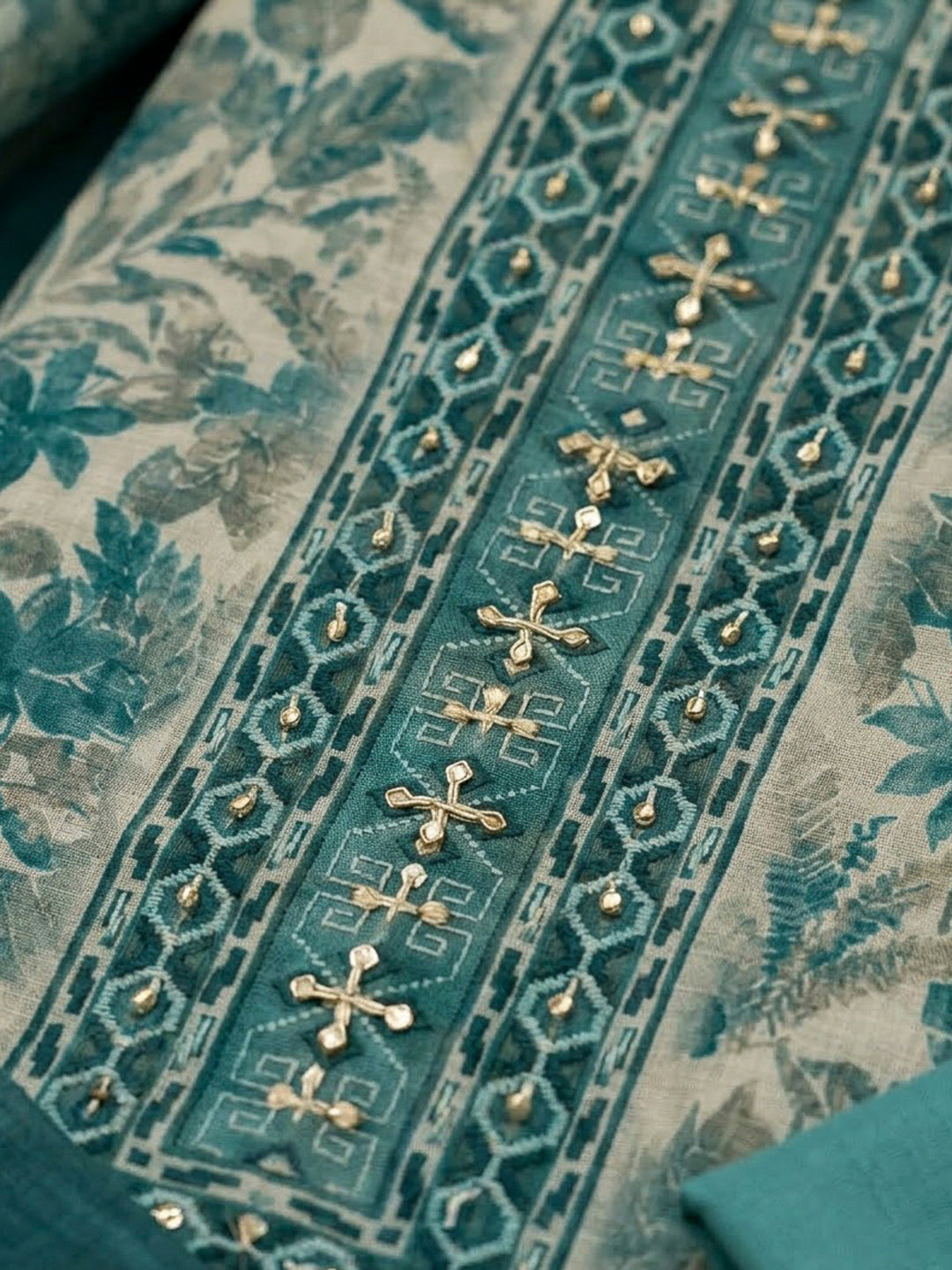 Rama Green Chanderi Printed Unstitched Dress Material