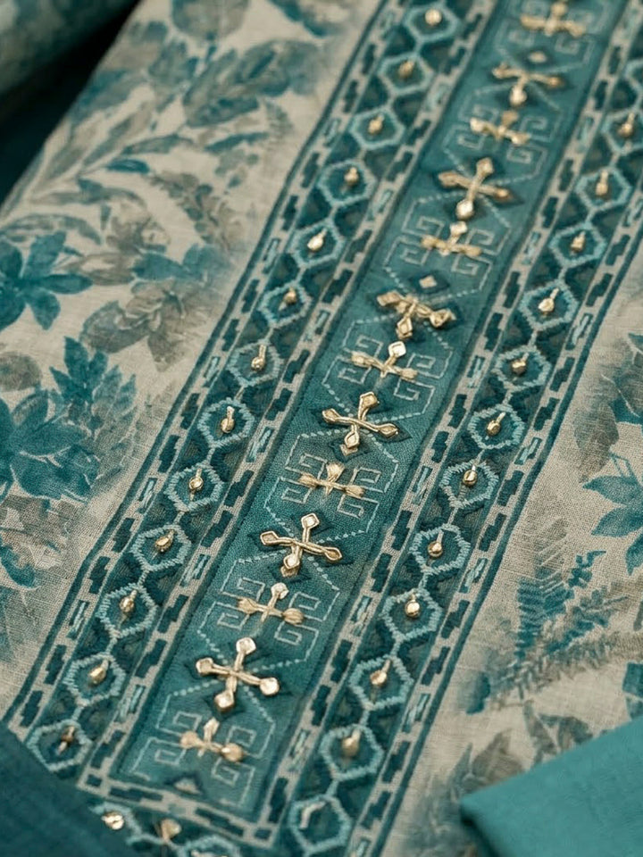 Rama Green Chanderi Printed Unstitched Dress Material