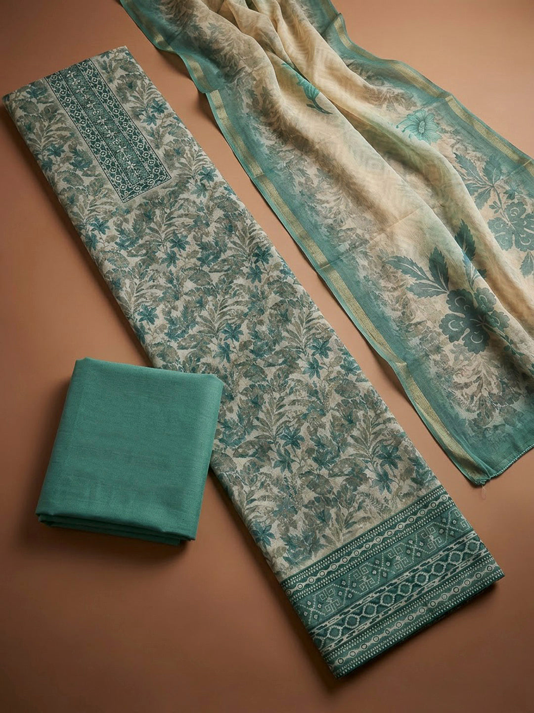 Rama Green Chanderi Printed Unstitched Dress Material