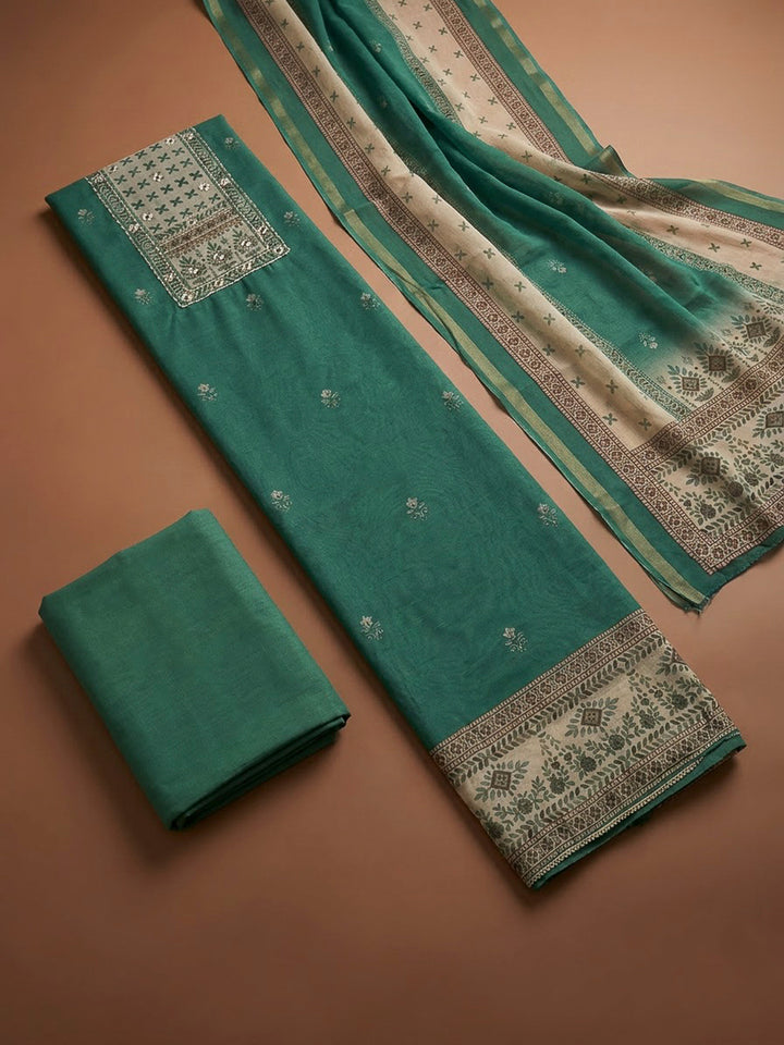 Green Linen Blend Printed Unstitched Dress Material