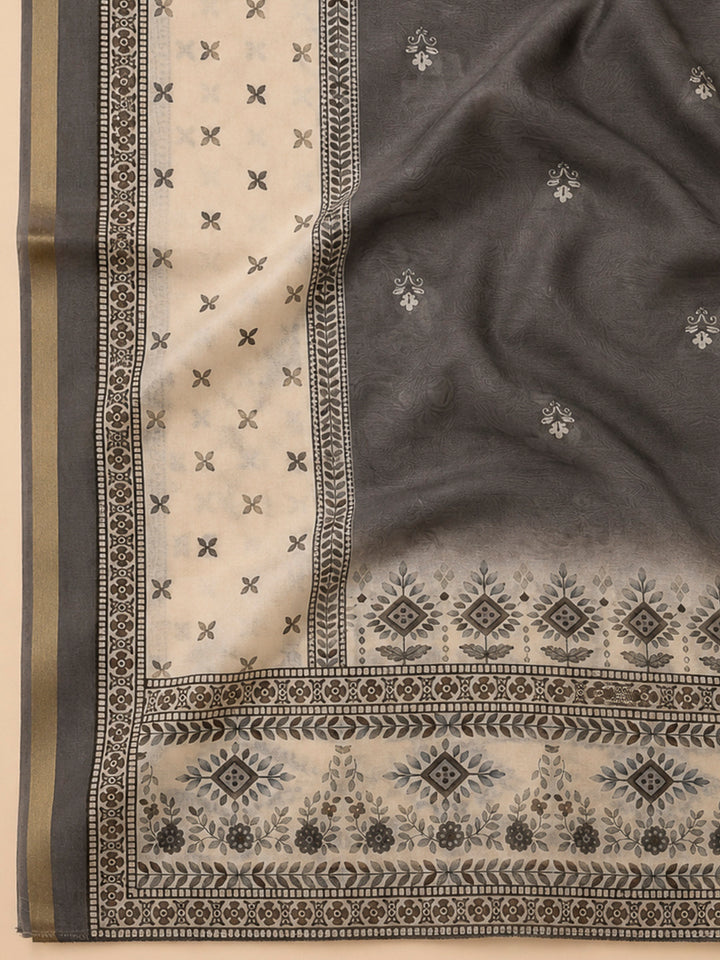 Grey Linen Blend Printed Unstitched Dress Material