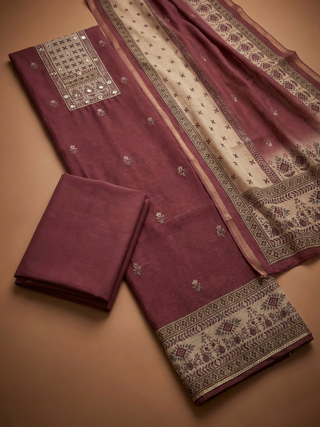 Onion Pink Linen Blend Printed Unstitched Dress Material