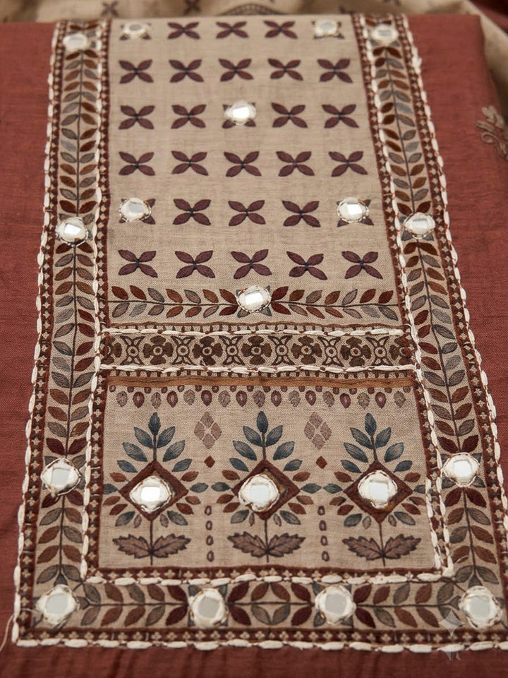 Rust Linen Blend Printed Unstitched Dress Material