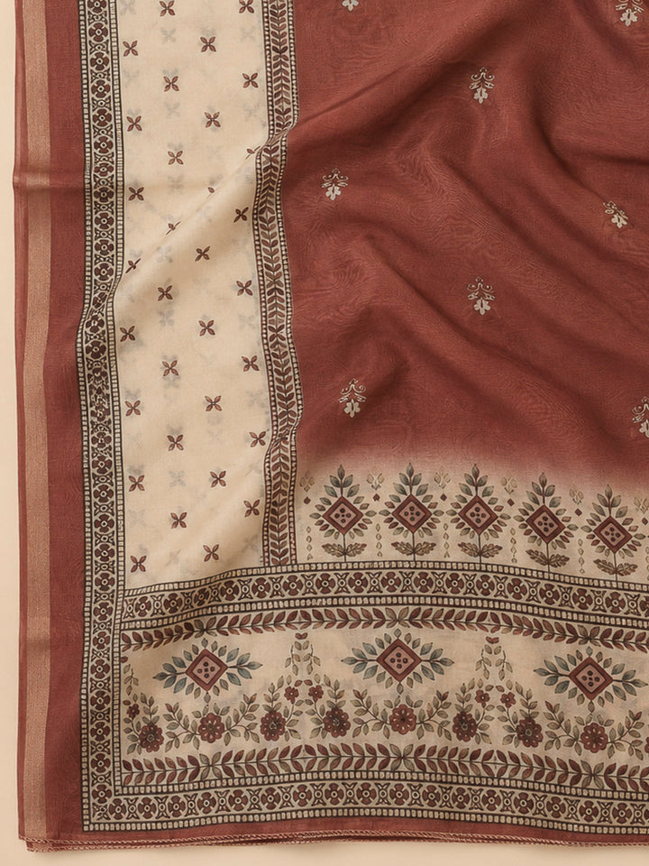 Rust Linen Blend Printed Unstitched Dress Material