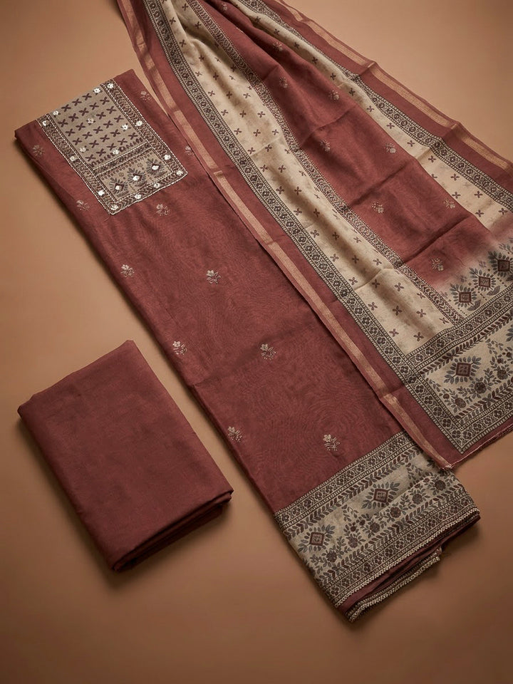 Rust Linen Blend Printed Unstitched Dress Material