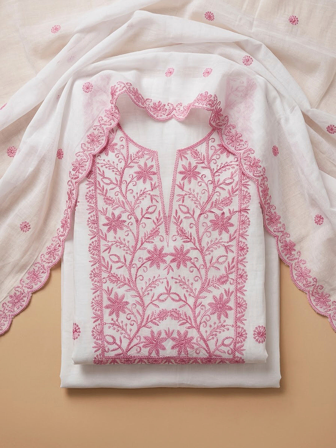 Off White Chanderi Embroidered Unstitched Dress Material