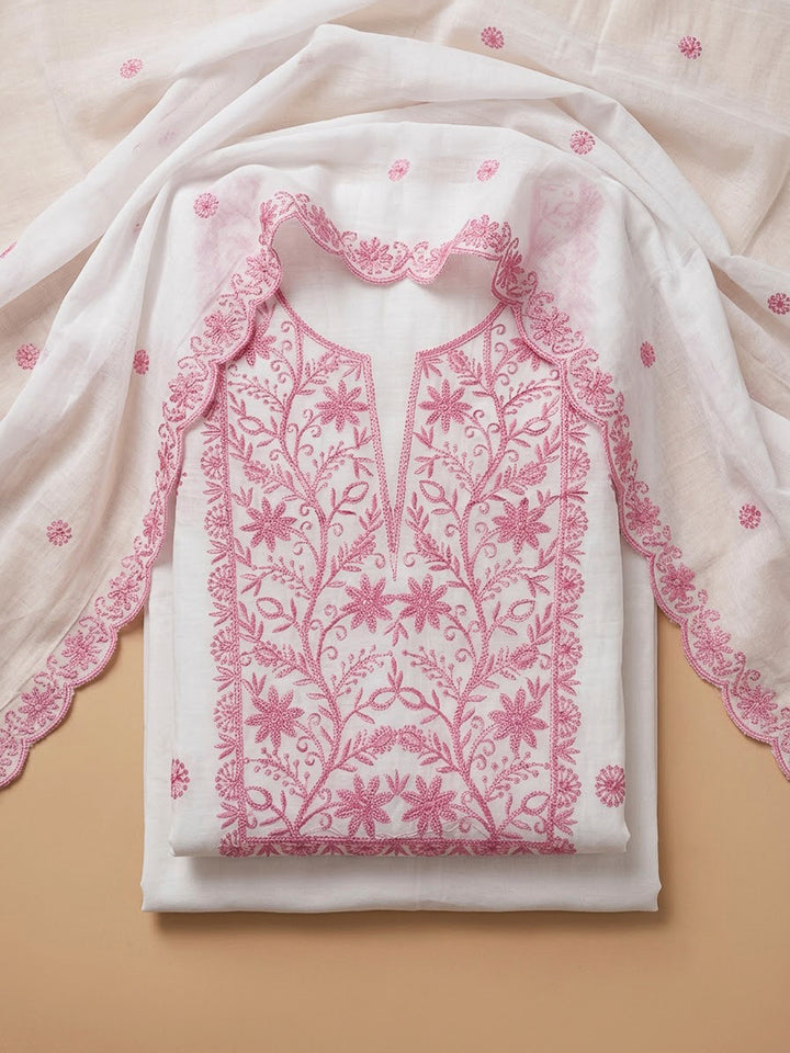 Off White Chanderi Embroidered Unstitched Dress Material