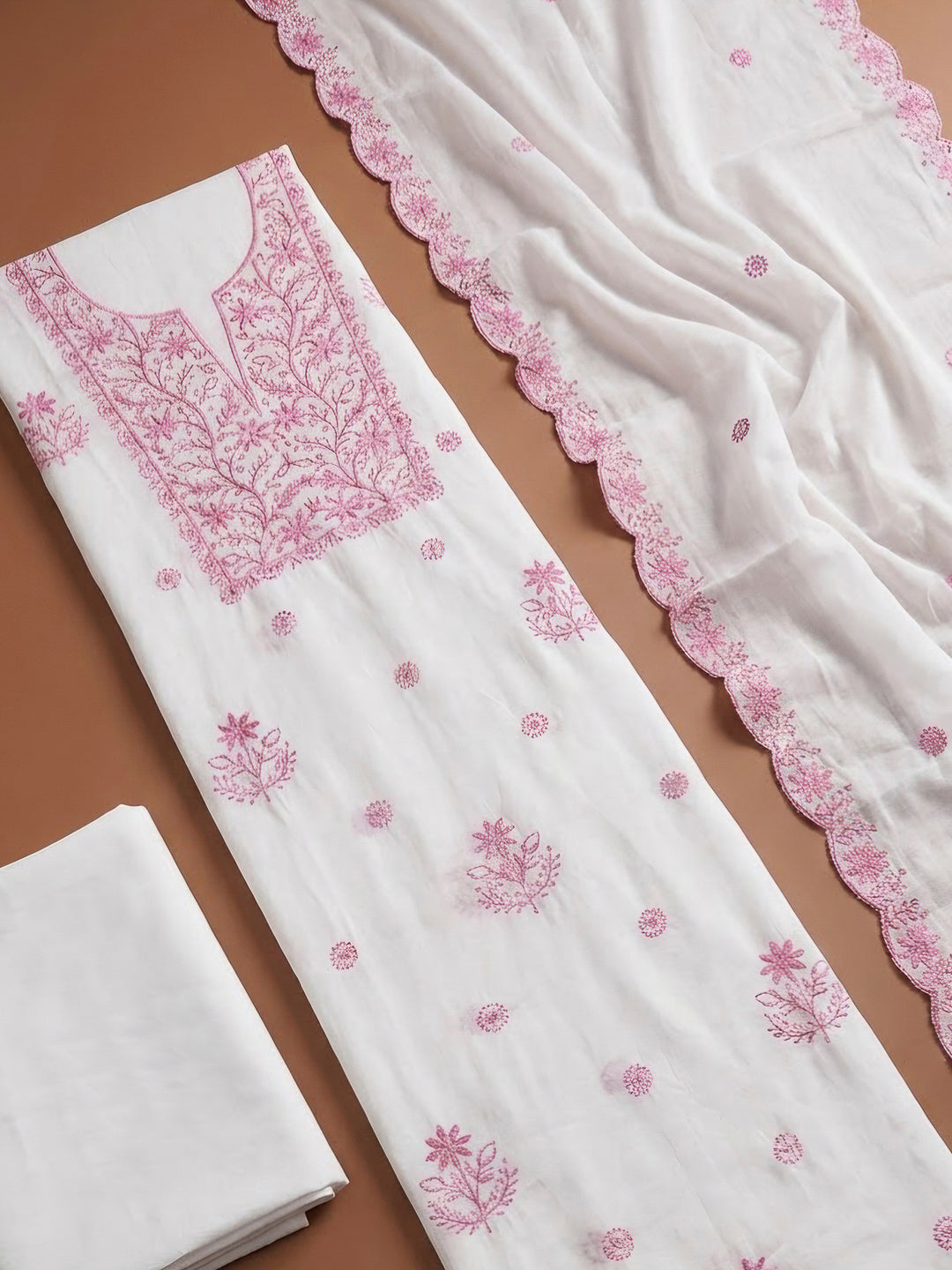 Off White Chanderi Embroidered Unstitched Dress Material