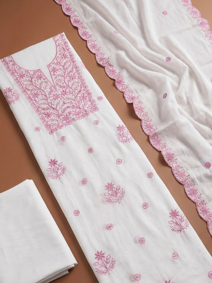 Off White Chanderi Embroidered Unstitched Dress Material