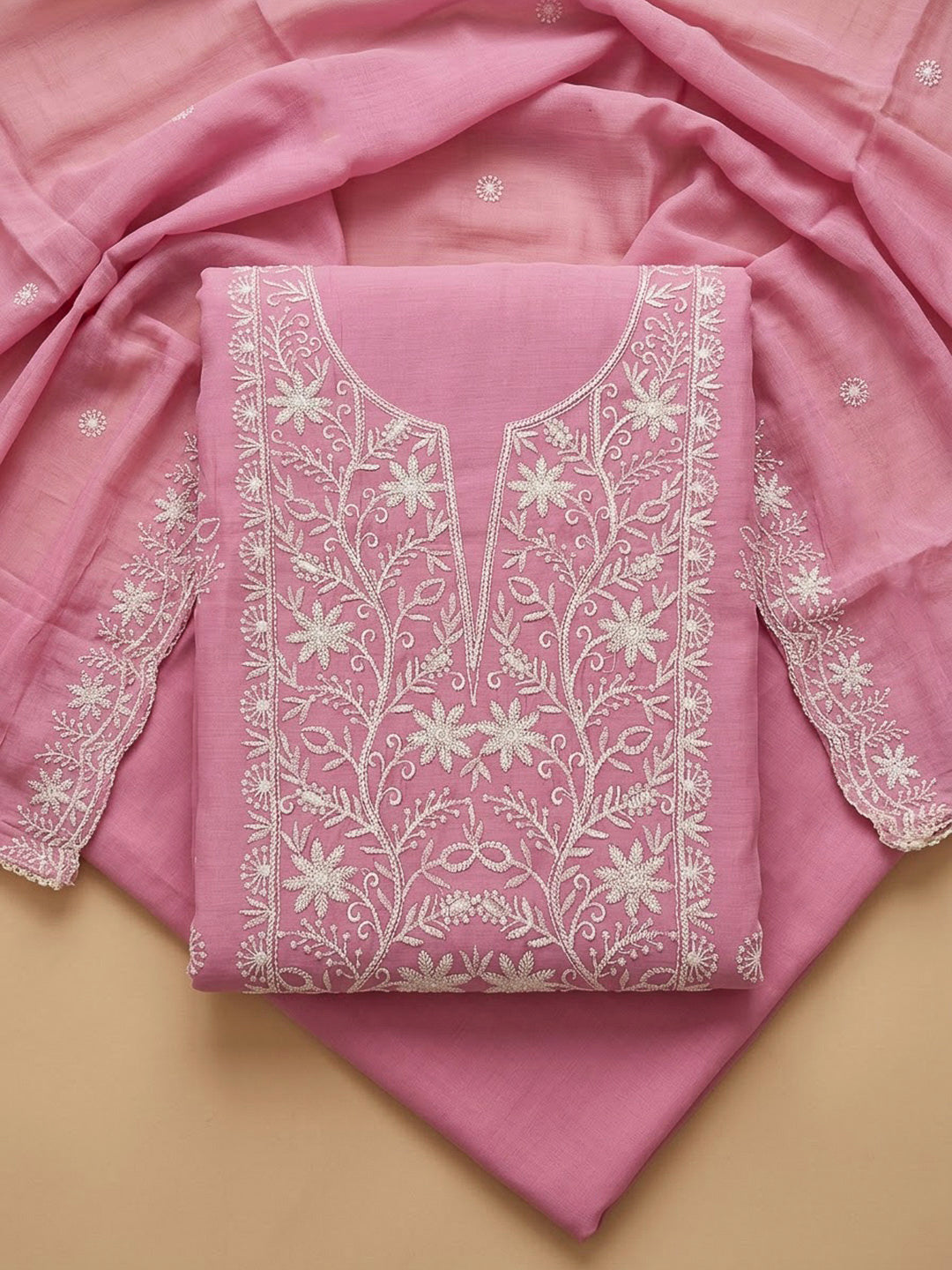 Pink Chanderi Embroidered Unstitched Dress Material