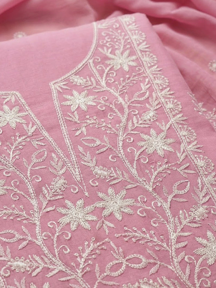 Pink Chanderi Embroidered Unstitched Dress Material