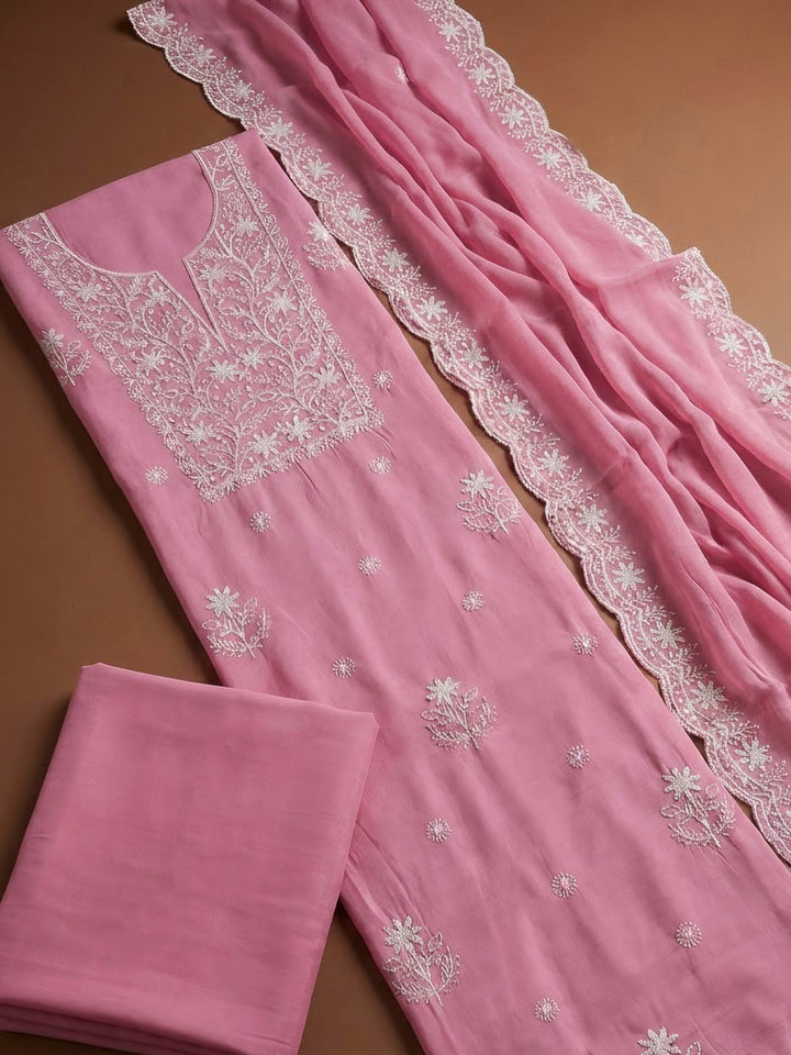 Pink Chanderi Embroidered Unstitched Dress Material