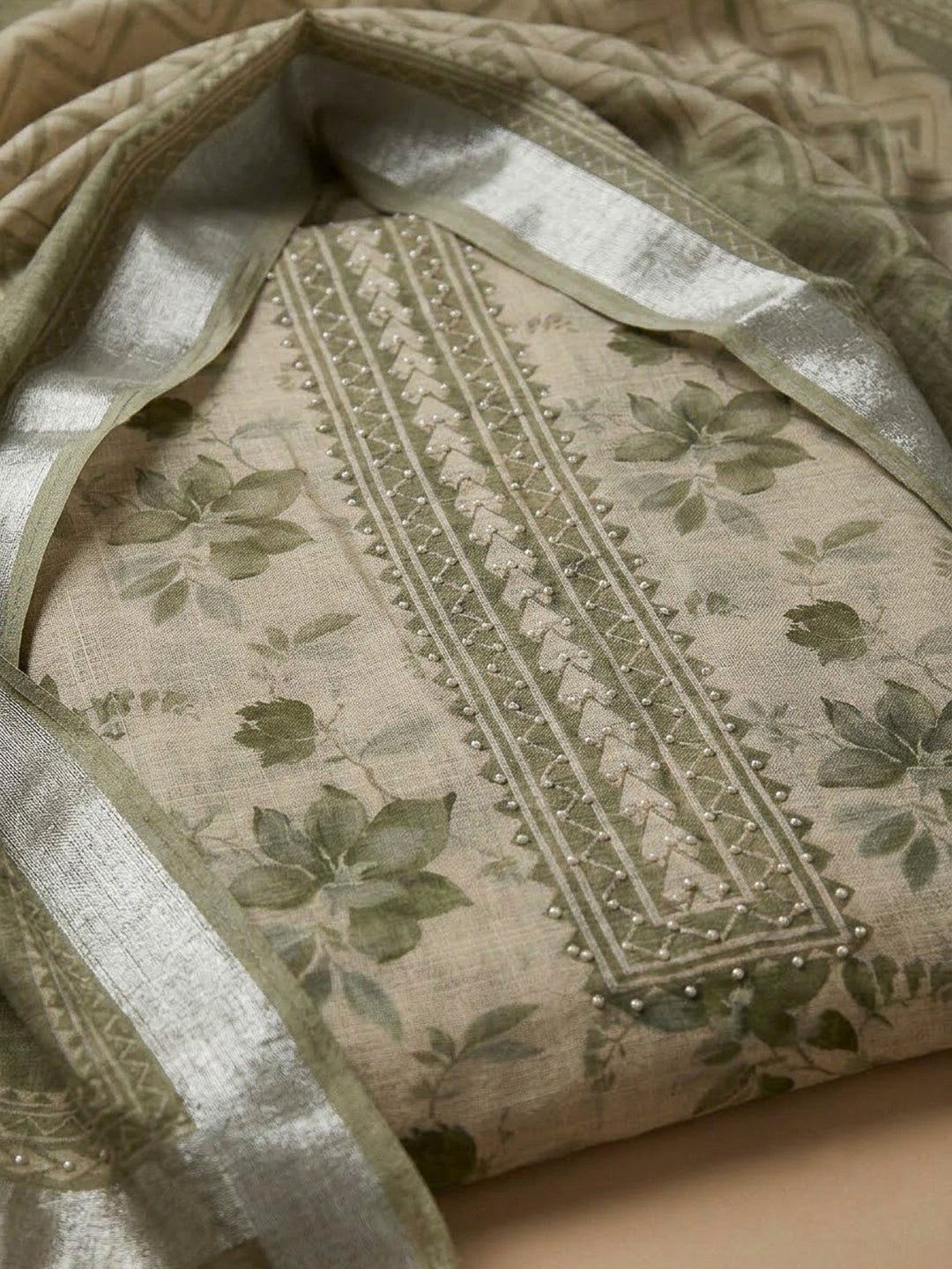 Aqua Linen Blend Embroidered Unstitched Dress Material