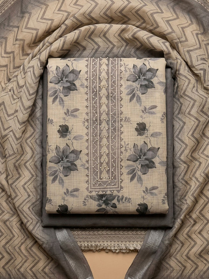 Grey Linen Blend Embroidered Unstitched Dress Material