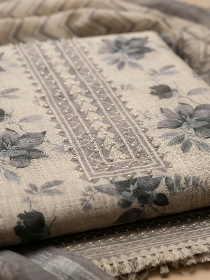 Grey Linen Blend Embroidered Unstitched Dress Material