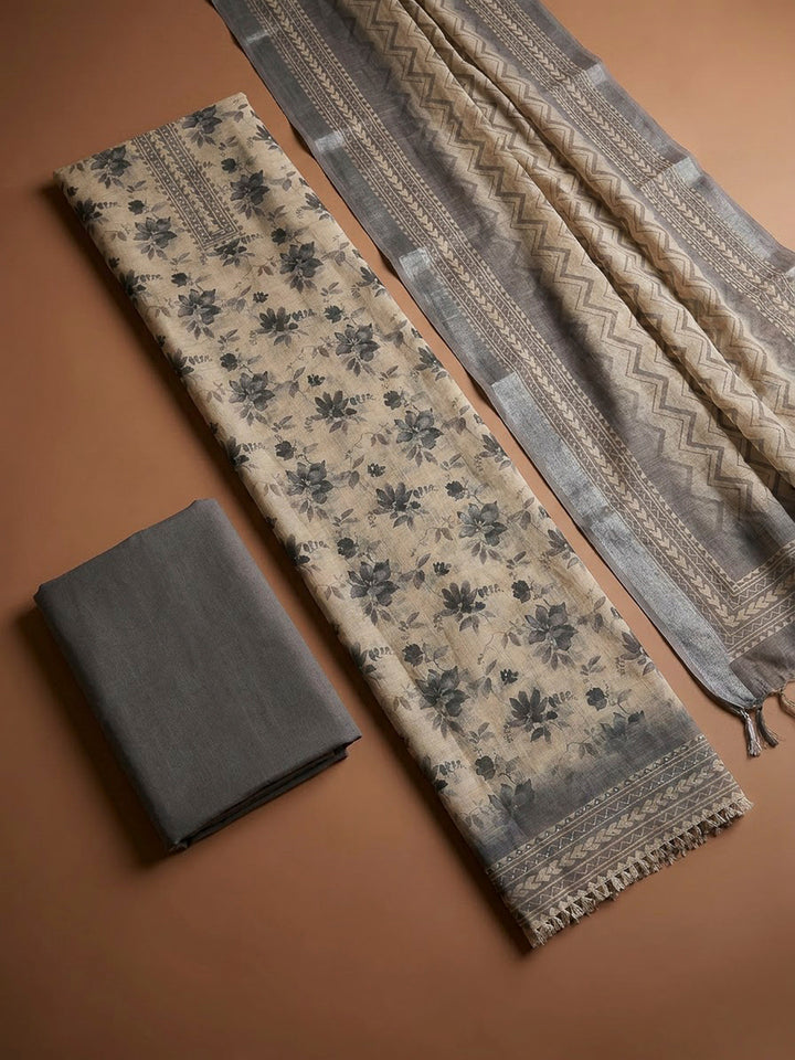 Grey Linen Blend Embroidered Unstitched Dress Material