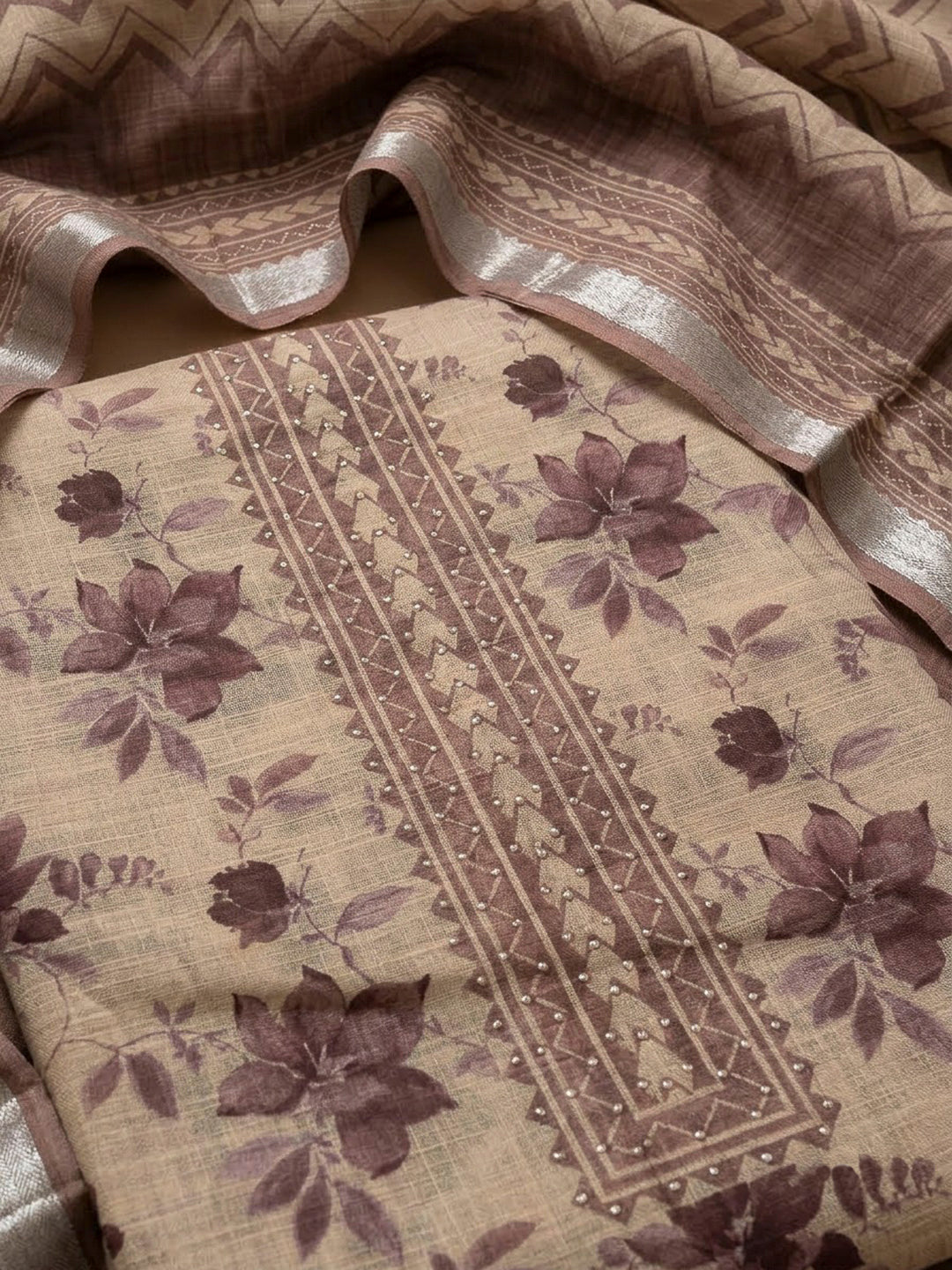 Onion Pink Linen Blend Embroidered Unstitched Dress Material
