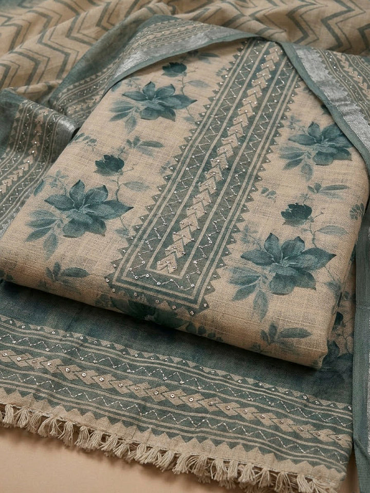 Rama Green Linen Blend Embroidered Unstitched Dress Material