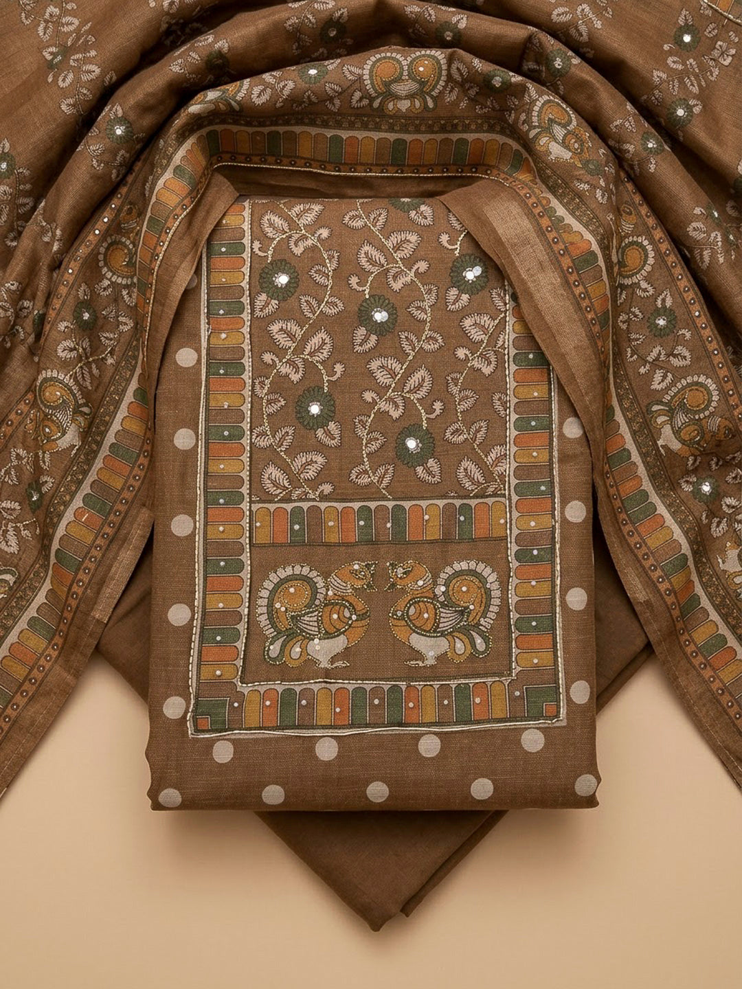 Brown Linen Printed Unstitched Dress Material