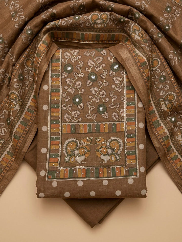 Brown Linen Printed Unstitched Dress Material